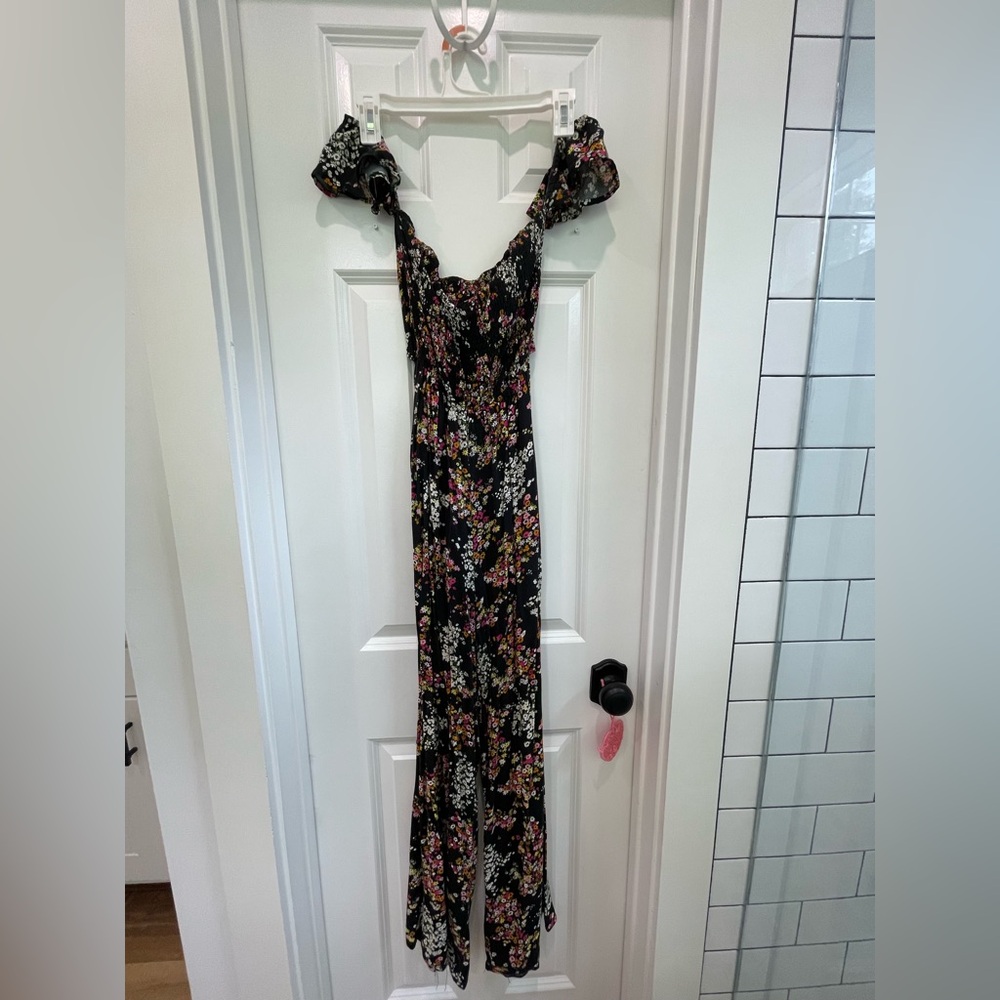 Off shoulder Jumpsuit - Black and Multicolor Floral